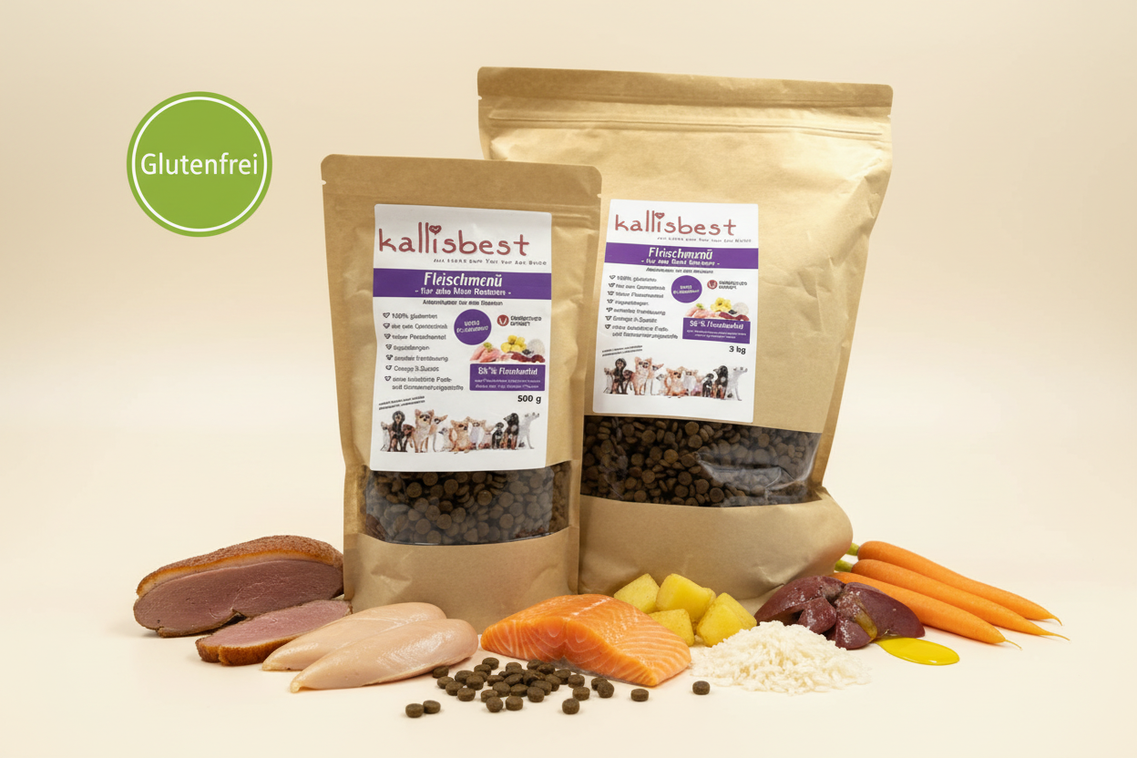 Fleischmenü mini Kroketten kleine Hunderassen – Verpackung mit Zutaten und Glutenfrei-Badge