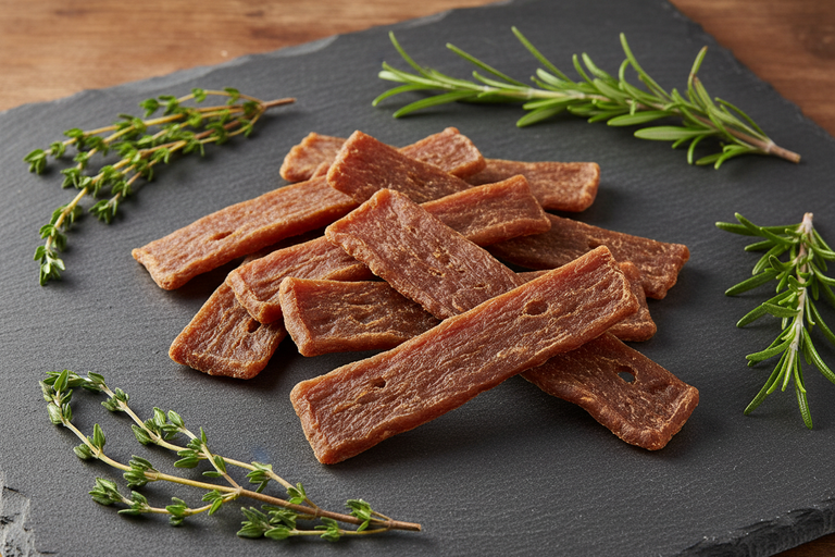 Kallisbest Kaninchen Filetstreifen auf Schieferplatte mit Kräutern