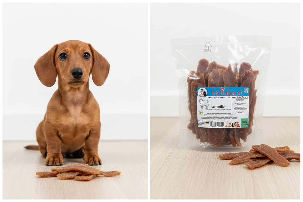 Dackel Welpe wartet auf Lammfilet Belohnung – Kallisbest