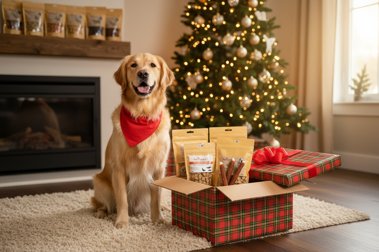 Festliche Kallisbest Weihnachtsbox für Hunde mit Leckerli und Kauartikeln