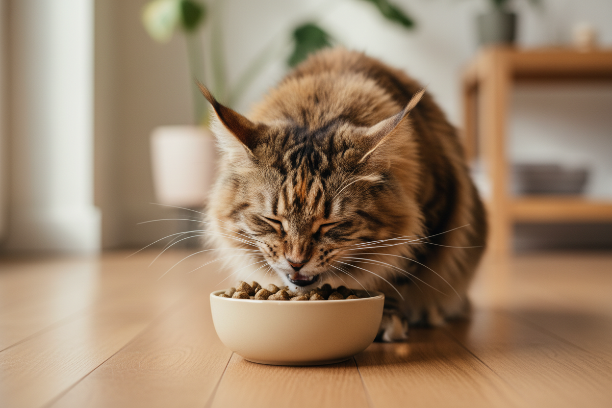 Maine Coon frisst begeistert Kallisbest Trockenfutter aus Napf