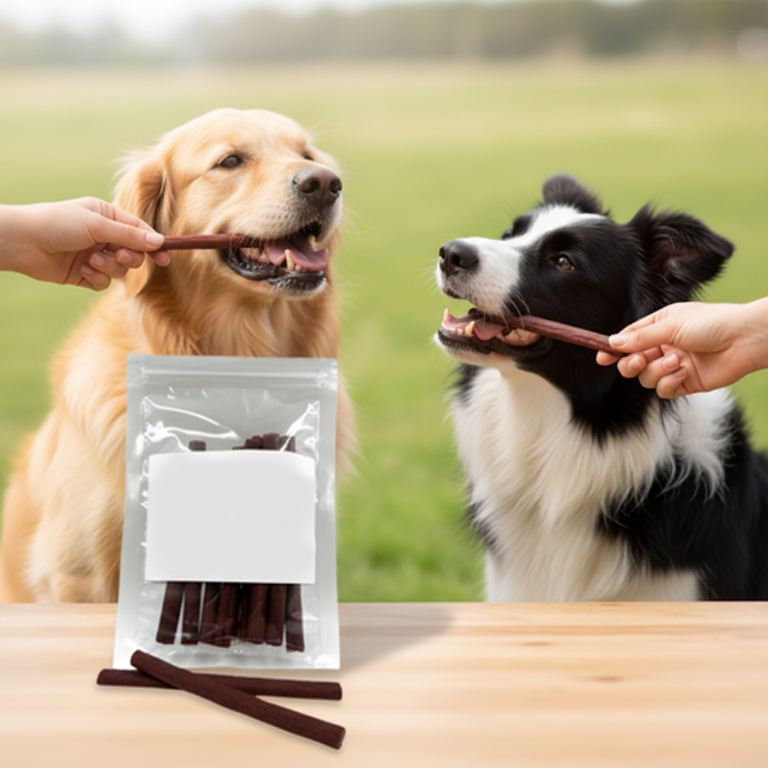 Pferdefleisch Sticks Soft – Kallisbest Verpackung vorne, Golden Retriever und Border Collie im Hintergrund