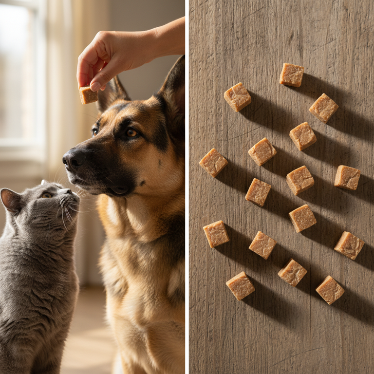 Rindfleischwürfel – BKH und Schäferhund mit Würfeln auf Holz