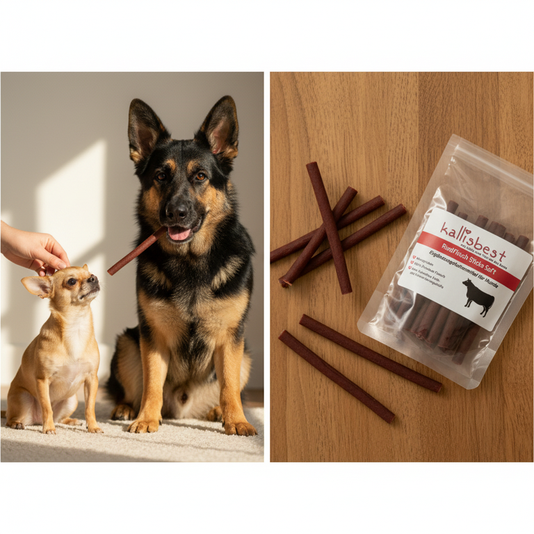 Rindfleisch Sticks Soft – Chihuahua und Schäferhund mit Sticks auf Holz