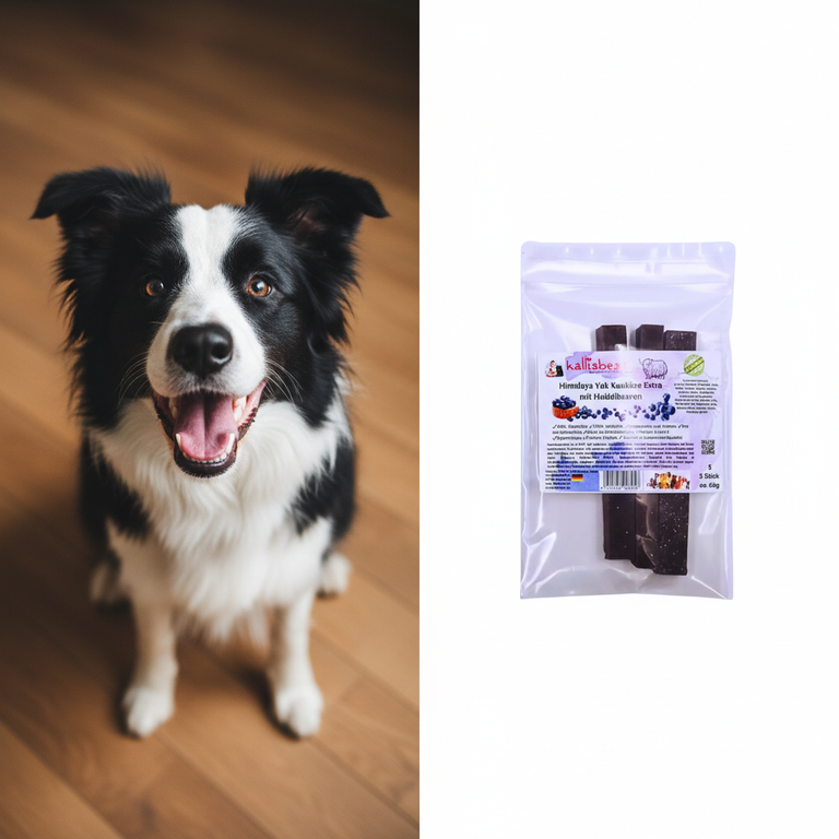 Himalaya Yak Kaukäse Extra mit Blaubeeren – Split Bild Hund und Produkt