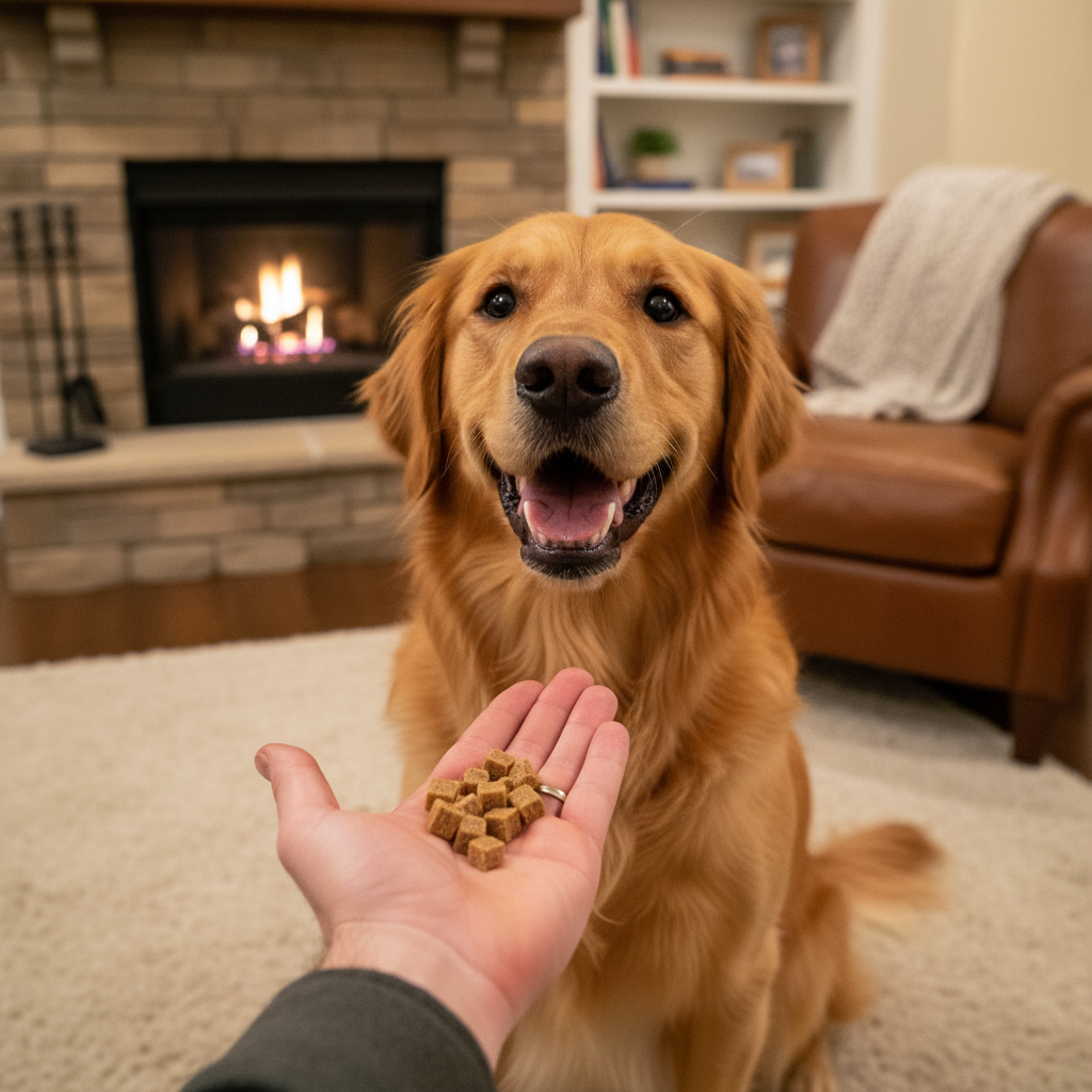 Golden Retriever bekommt Fleischwürfel als Belohnung