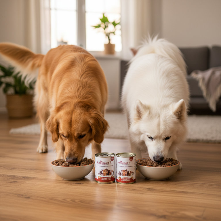 Hunde fressen genüsslich Kallisbest Kaninchen mit Gemüse & Obst