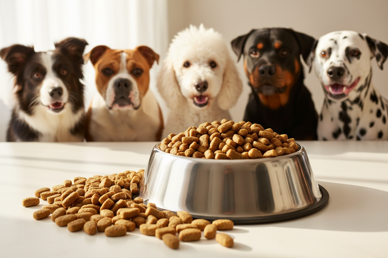 Rind mit Reis – Napf mit großen Kroketten, weitere Hunderassen gierig