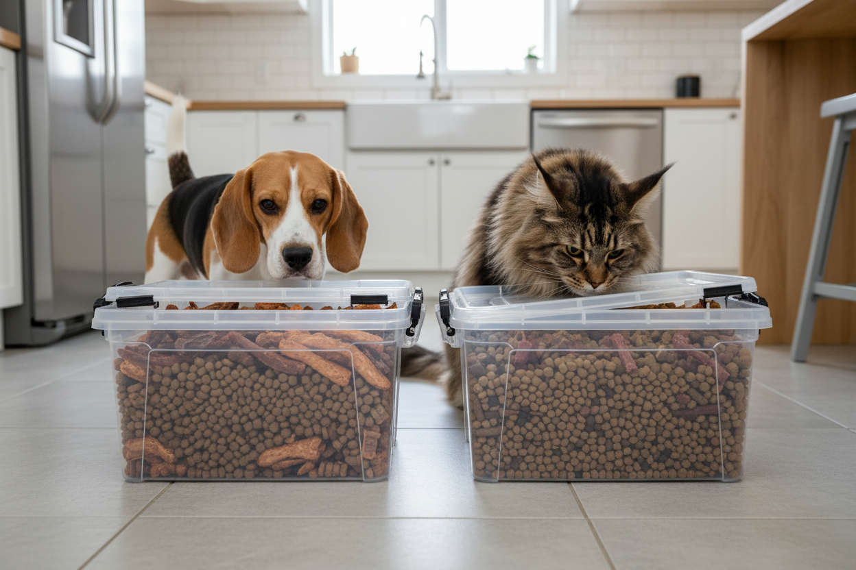 Beagle und Maine Coon mit SOFIA Aufbewahrungsboxen gefüllt mit natürlichen Snacks