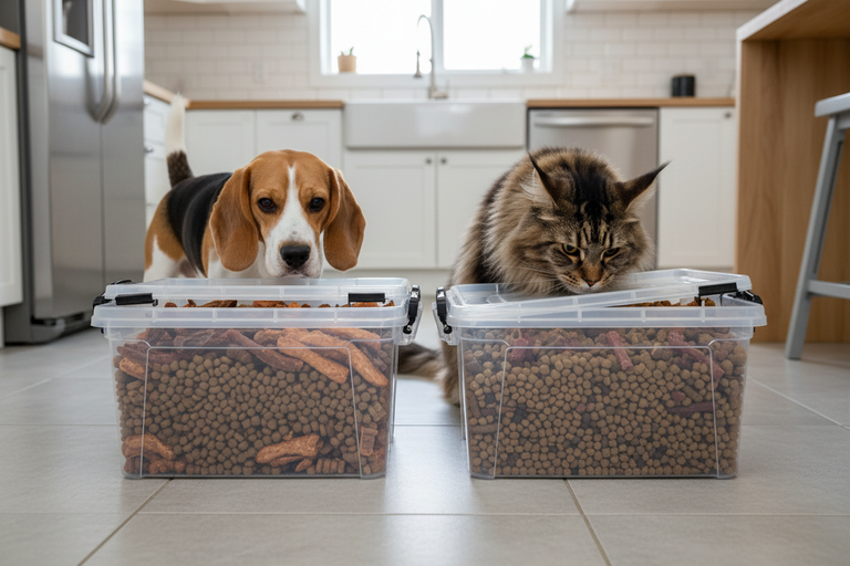 Beagle und Maine Coon mit SOFIA Aufbewahrungsboxen gefüllt mit natürlichen Snacks