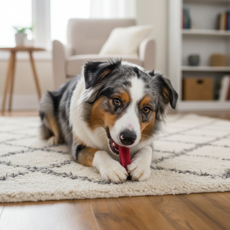Australian Shepherd frisst Himalaya Yak Kaukäse Erdbeeren & Tryptophan