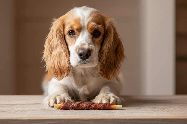 Cocker Spaniel mit Kaustange im Entenfleischmantel ca. 12 cm