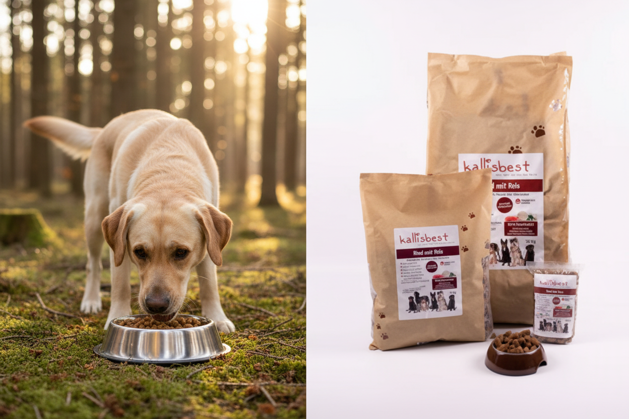 Rind mit Reis große Kroketten – Hund links, Kallisbest Verpackung groß rechts
