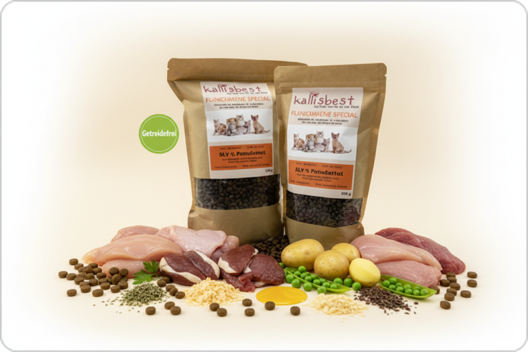 FLEISCHMENÜ SPEZIAL Jungkatzen – Verpackung mit Zutaten und Getreidefrei-Badge links