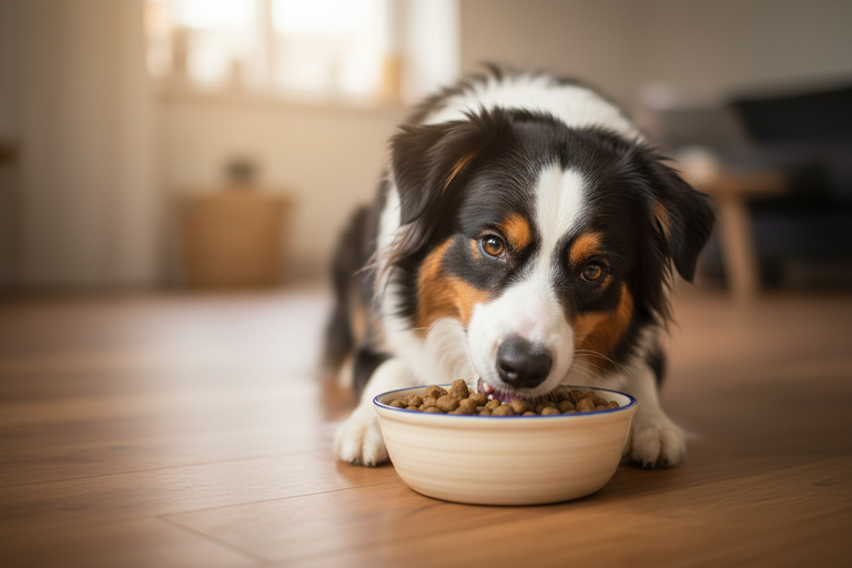 Australian Shepherd frisst begeistert Kallisbest getreidefreies Trockenfutter aus Napf