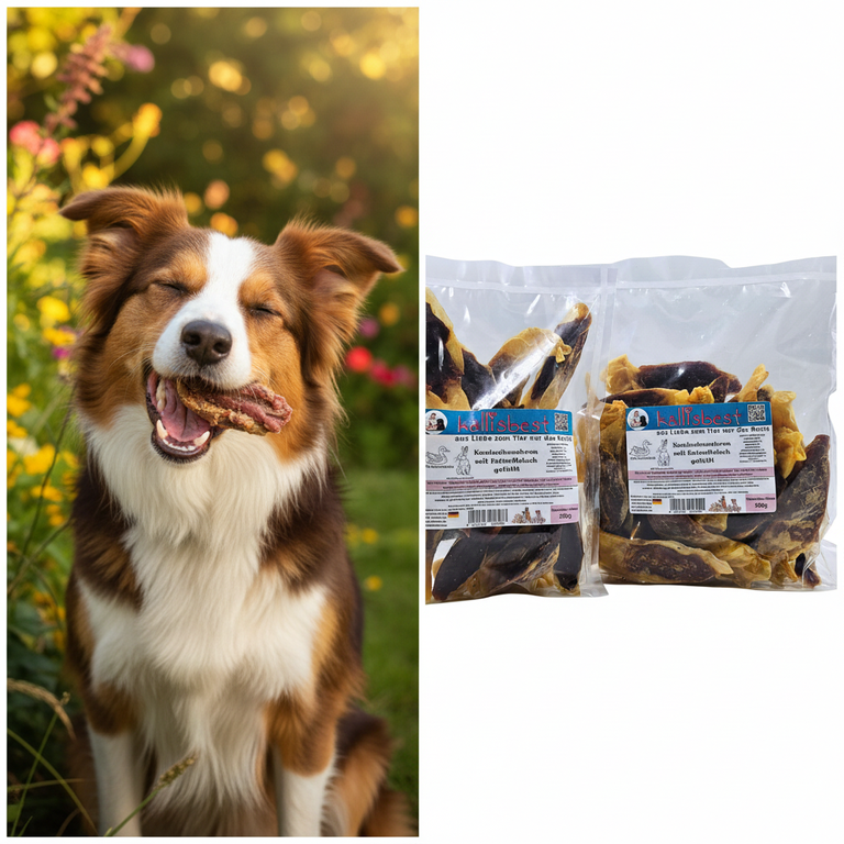 Kaninchenohren mit Entenfleisch – mittlerer Hund kaut begeistert | Kallisbest