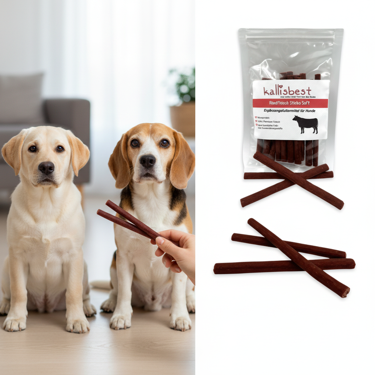 Rindfleisch Sticks Soft – Labrador Welpe und Senior Beagle im Training