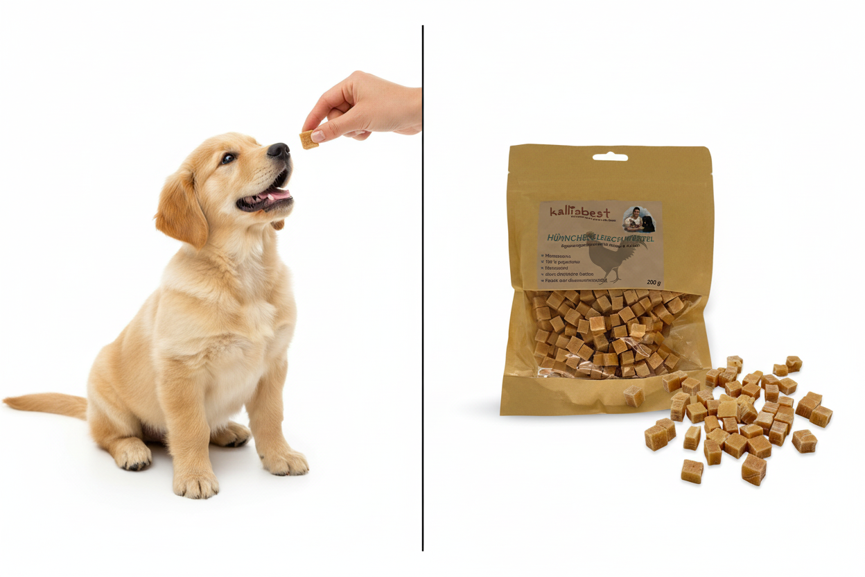 Golden Retriever Welpe bekommt Hühnchenfleischwürfel als Belohnung – Kallisbest