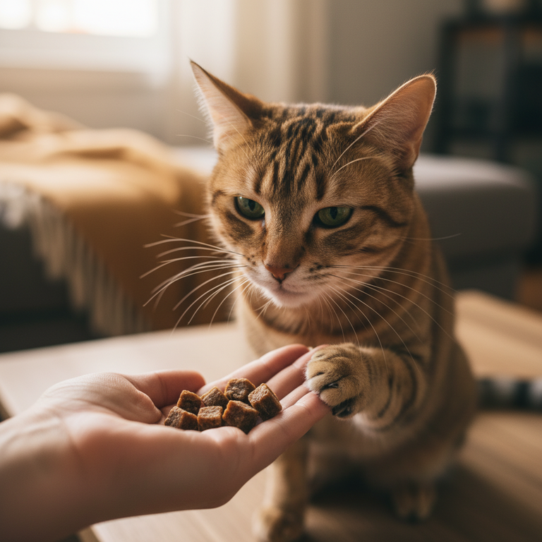Hand füttert Katze mit Fleischwürfeln