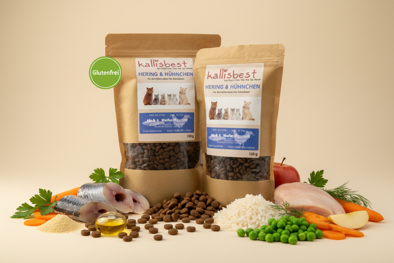 Hering & Hühnchen Katzenfutter – Verpackung mit Zutaten und Glutenfrei-Badge links