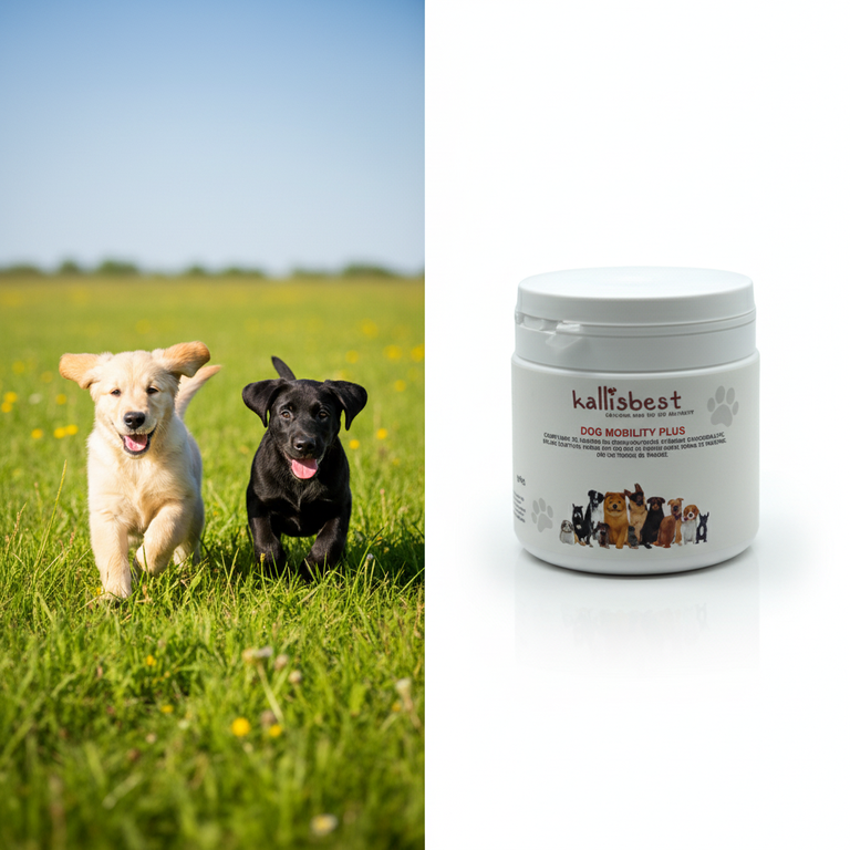 Dog Mobility Plus – Golden Retriever und Labrador Welpe auf der Wiese mit Kallisbest Dose