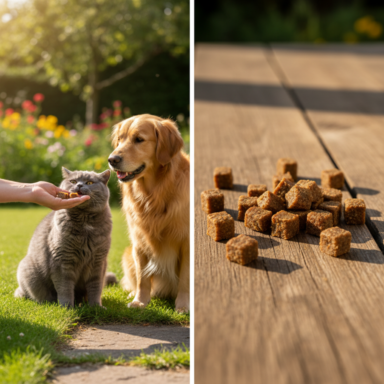 Entenfleischwürfel klein – BKH und Golden Retriever mit Würfeln auf Holz