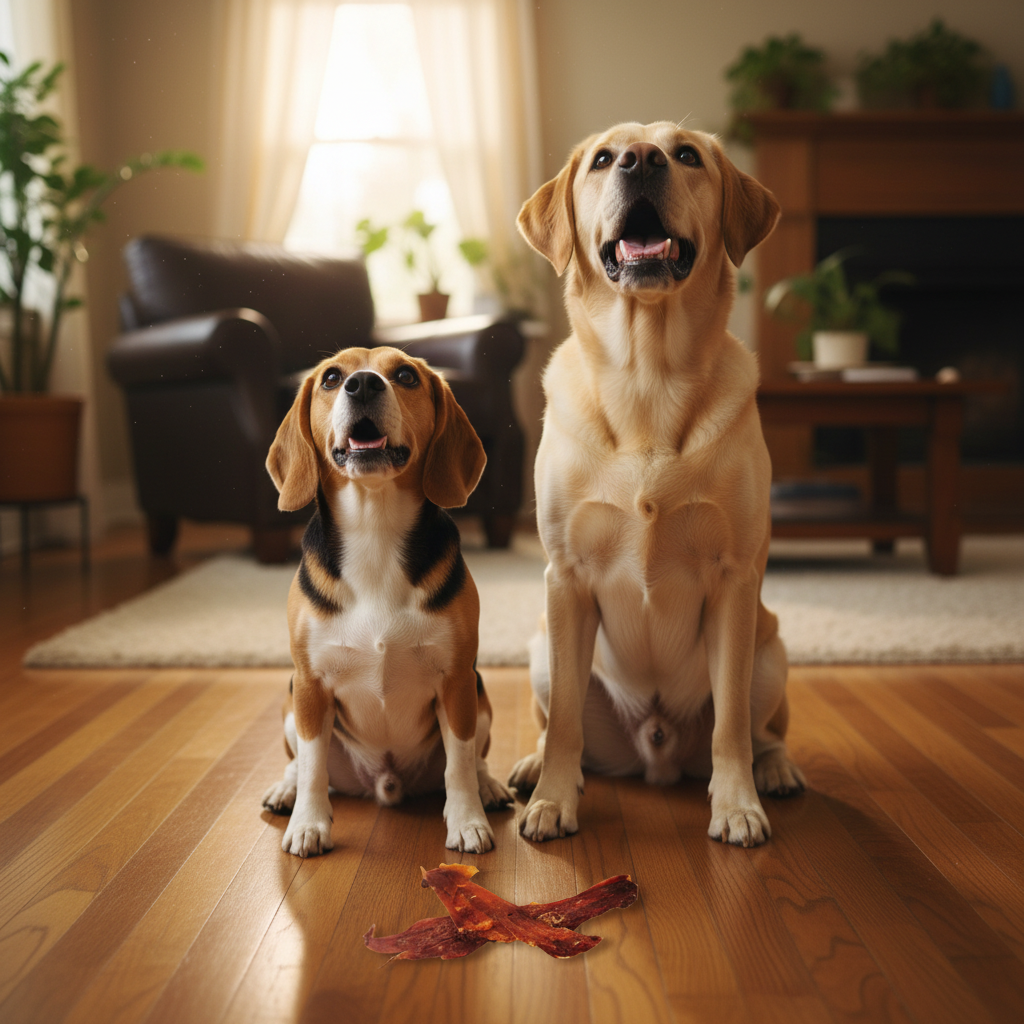 Beagle und Labrador warten auf Pferdenackensehnen