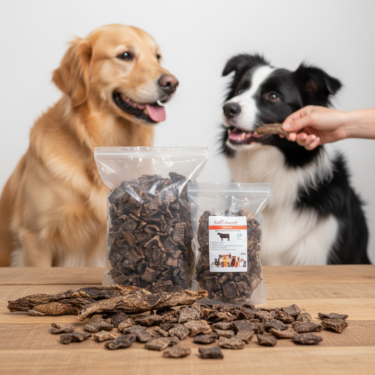 Rinderlungen Stücke – Verpackung vorne, Golden Retriever und Border Collie