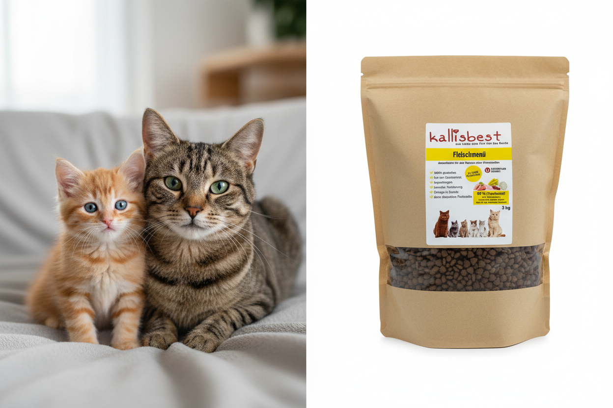 Kitten und Katze mit Kallisbest Fleischmenü kleine Kroketten – Kallisbest