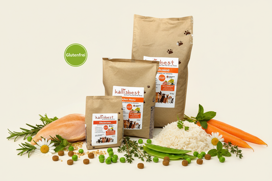 Hühnchenmenü medium Kroketten – Verpackung mit Zutaten und Glutenfrei-Badge links