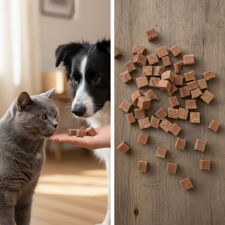 Entenfleischwürfel – BKH und Border Collie mit Würfeln auf Holz