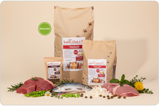 Fleischmenü mittlere Kroketten – Verpackung mit Zutaten und Glutenfrei-Badge