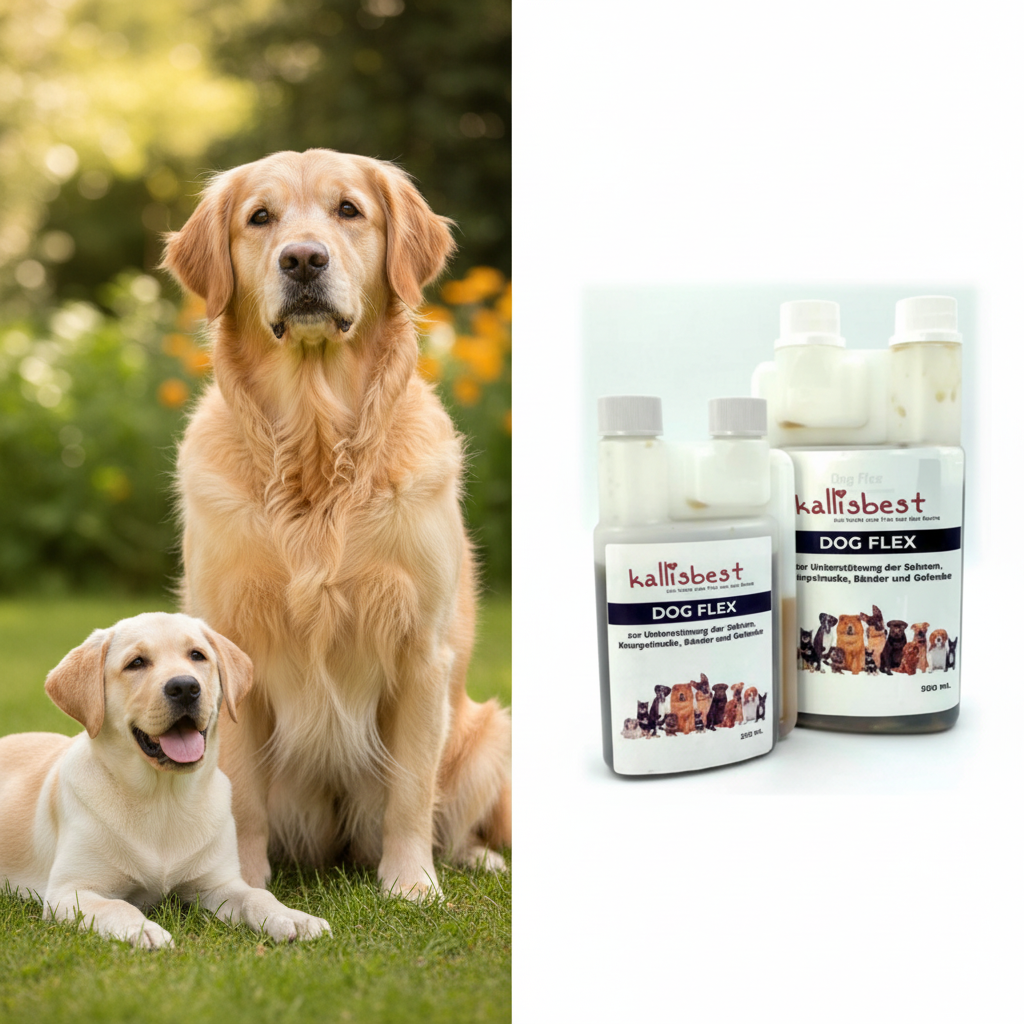 Dog Flex – Golden Retriever Senior und Labrador Welpe mit Kallisbest Produktflaschen