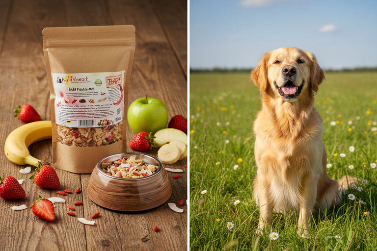 Kallisbest BARF Früchte-Mix – Split-Bild mit Golden Retriever