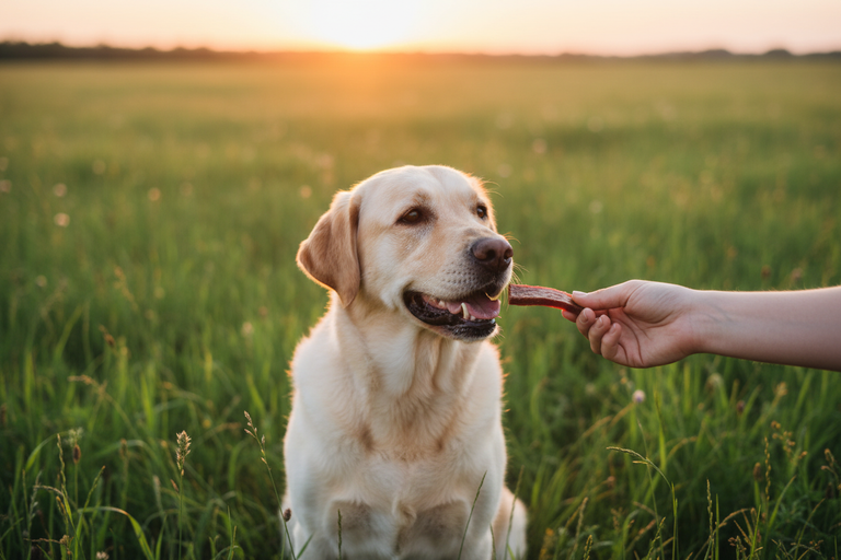 Labrador in der Natur bekommt Rinderfilet Snack – Kallisbest