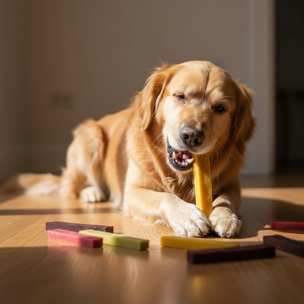 Golden Retriever frisst Himalaya Yak Kaukäse Sorten-Mix