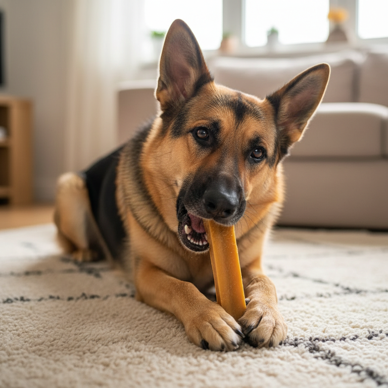 Deutscher Schäferhund frisst Himalaya Yak Kaukäse 3er Pack