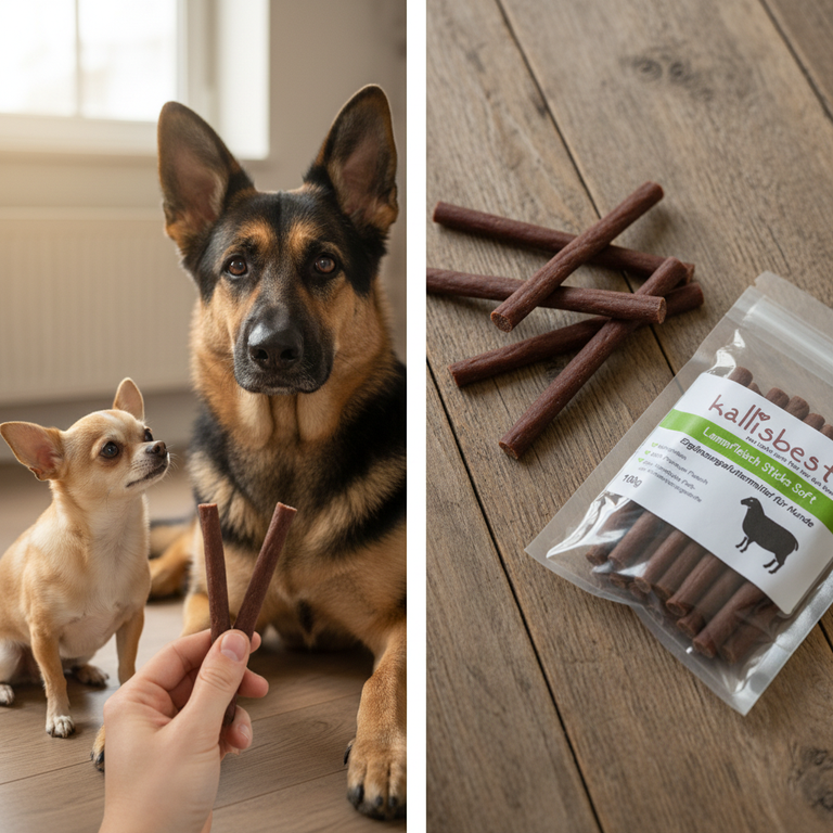 Lamm Sticks Soft – Chihuahua und Schäferhund mit Sticks auf Holz