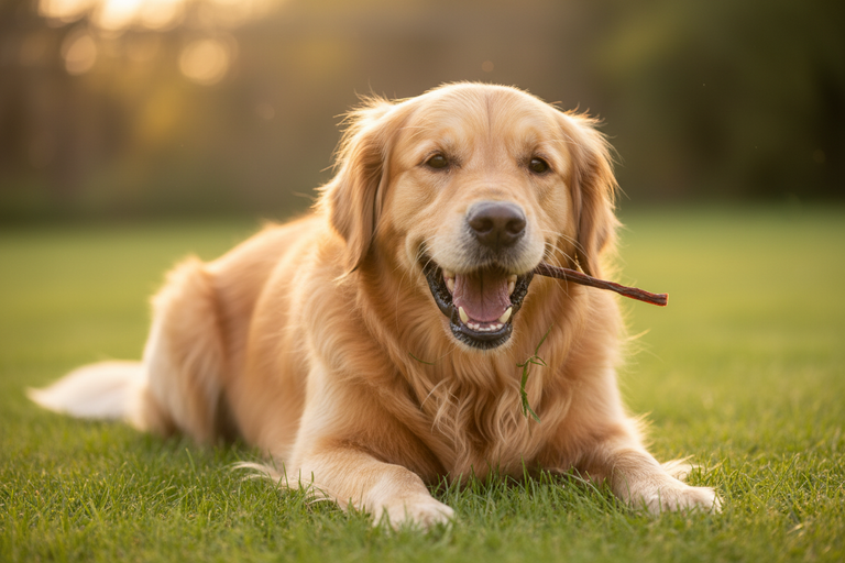 Golden Retriever kaut Kallisbest Schweinedärme Stangen