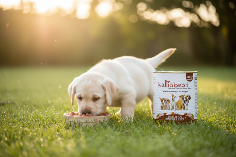 Labrador Welpe frisst Kallisbest Rinderleber Nassfutter