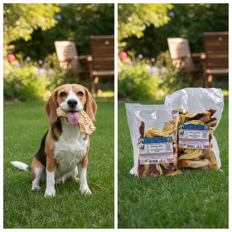Kaninchenohren mit Hühnchenfleisch – mittlerer Hund kaut begeistert | Kallisbest