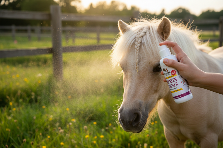 Nahaufnahme Hotte Maxe Insekten-Blocker am Pony