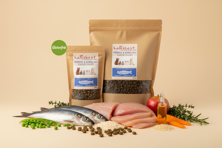 Hering & Kabeljau Katzenfutter – Verpackung mit Zutaten und Glutenfrei-Badge links
