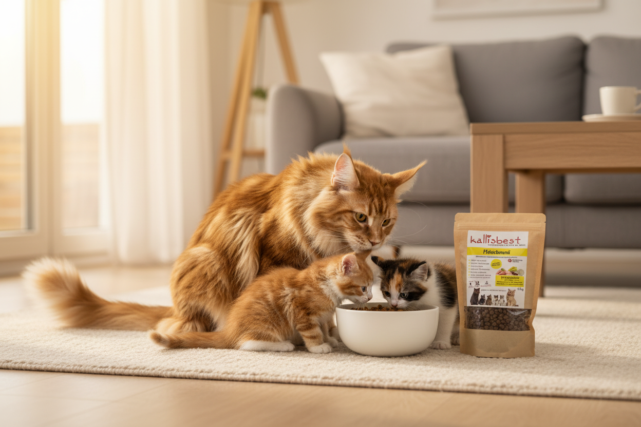 Maine Coon Katzenfamilie mit Napf und Kallisbest Kroketten – Kallisbest