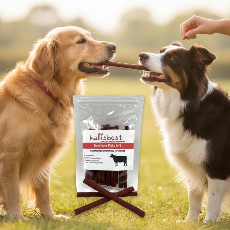 Rindfleisch Sticks Soft – Kallisbest Verpackung vorne, Golden Retriever und Border Collie im Hintergrund