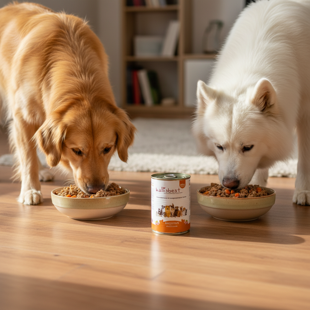 Hunde fressen genüsslich Kallisbest Huhn mit Gemüse