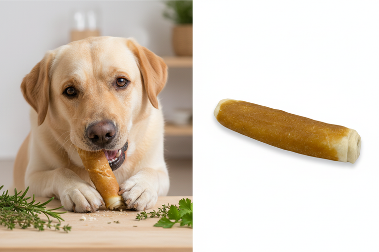 Rolle im Hühnchenfleischmantel ca. 15 cm – Split-Bild mit Labrador