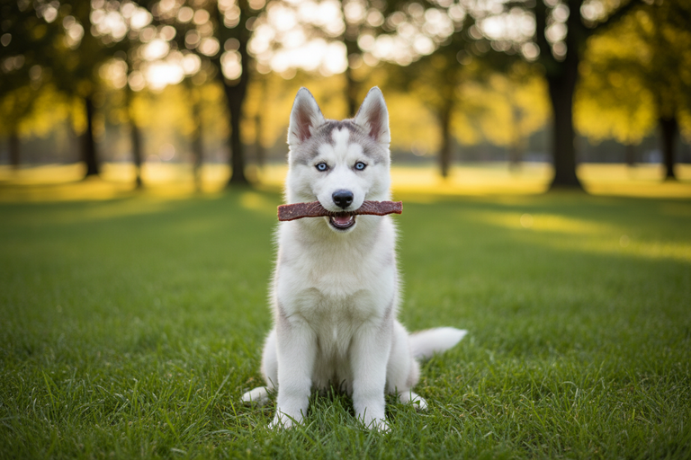 Husky Welpe kaut Rinderfilet in der Natur – Kallisbest