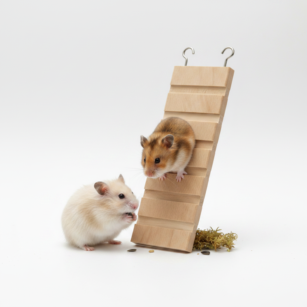 Hamster neben Nagerleiter aus Holz