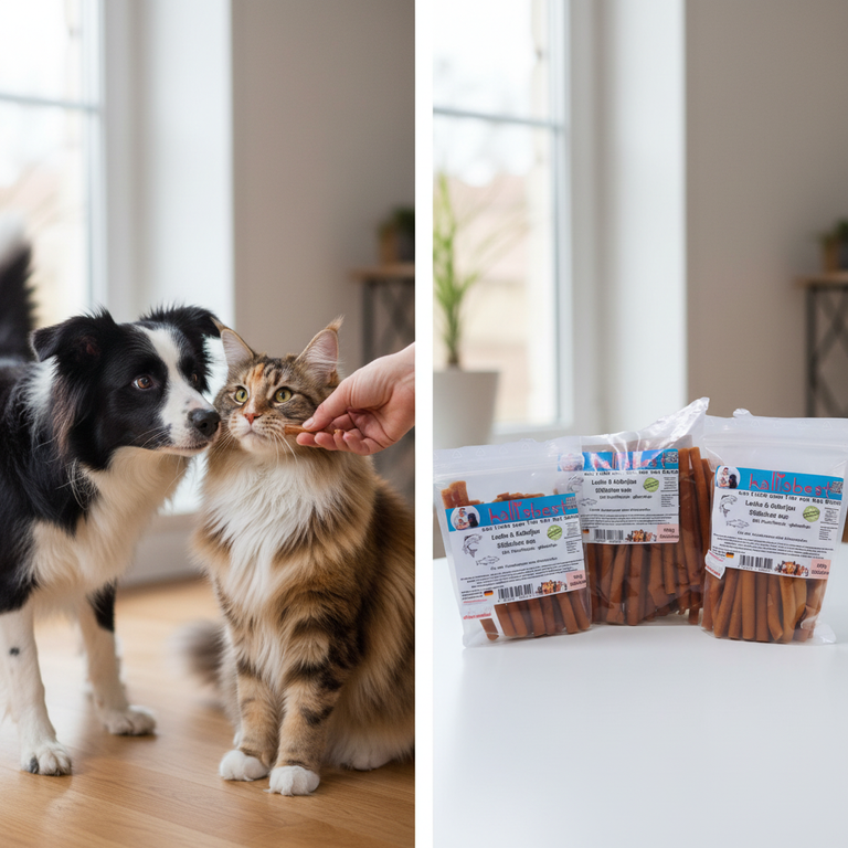 Lachs & Kabeljau Stäbchen – Border Collie und Maine Coon mit Kallisbest Verpackung